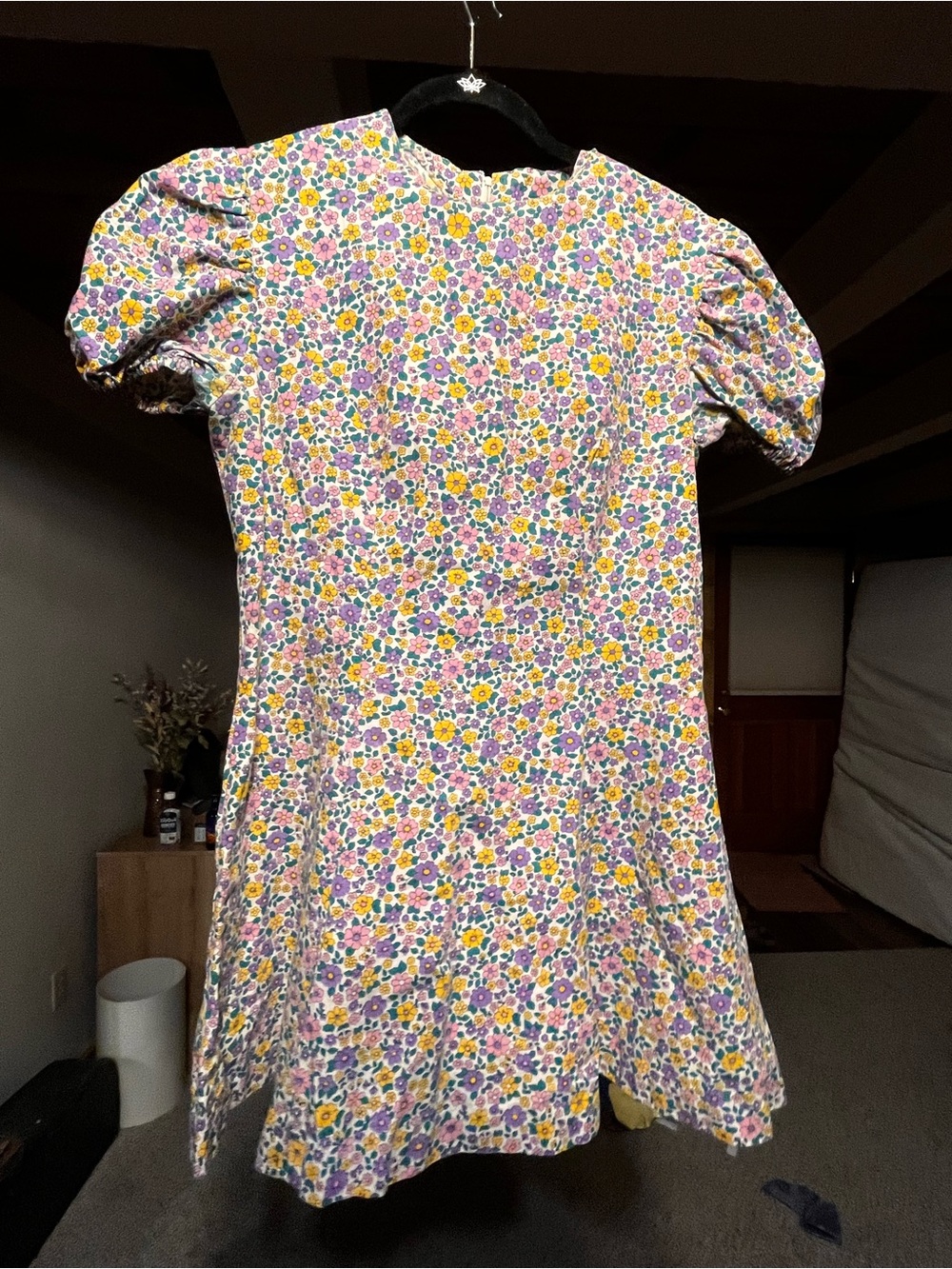 Vintage Handmade Floral Puff Sleeve Mini Dress in Yellow & Purple